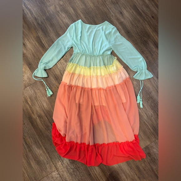 Vici Wavelength Rainbow Dress Tiered Ruffle Pastel Hi Lo Maxi Beach Dress Sz S - Picture 3 of 9